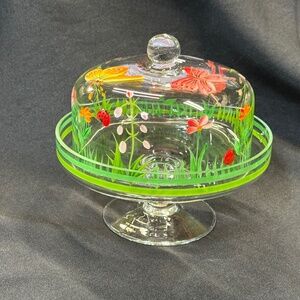 Petite Pedestal Cake Desert Stand with Handpainted Butterflies Flowers